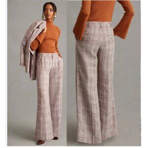 Anthropologie Maeve Linen Plaid Wide-Leg Pants Cream Brown Size 6 NWT High Rise